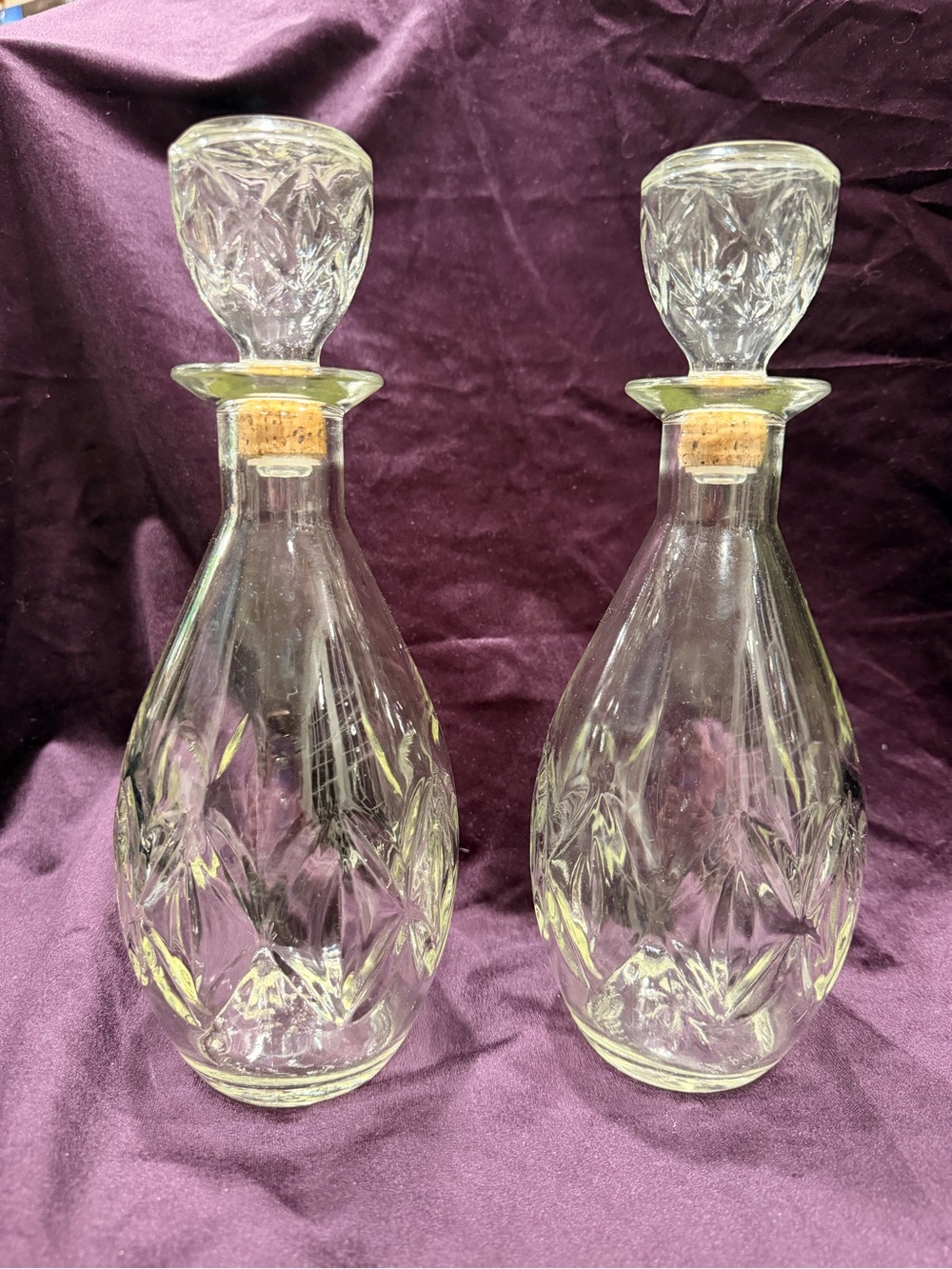 Vintage Owens-Illinois Diamond Cut Glass Decanter Pair
